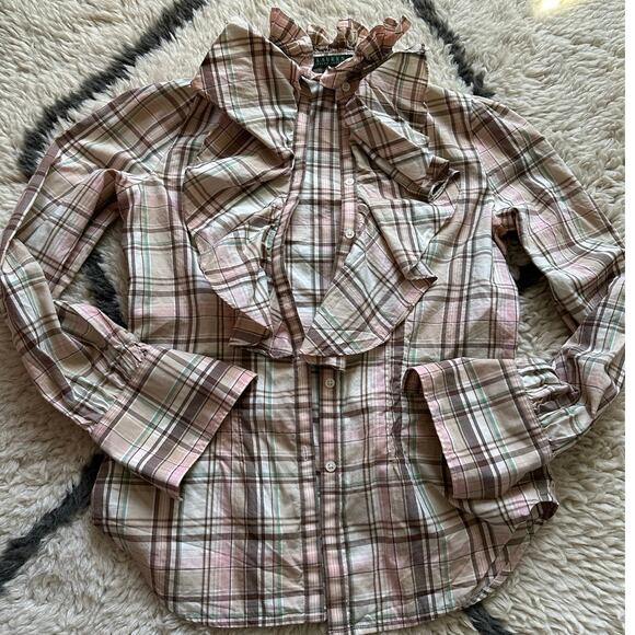 Lauren ralph lauren plaid ruffle front button down shirt peach cream S Petite - Picture 9 of 11